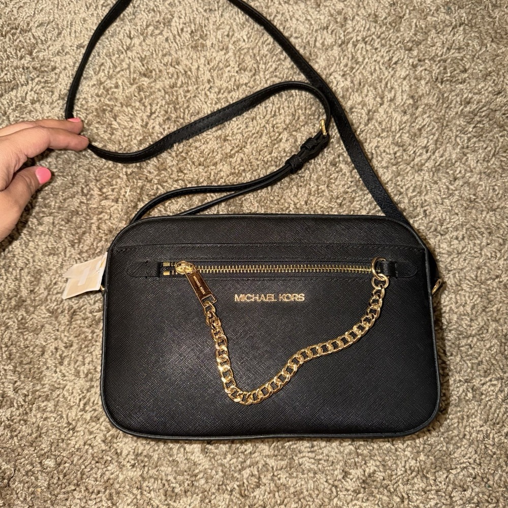 Michael Kors Black Small Crossbody Bag Gold Hardware Zip Logo Chain Detachable